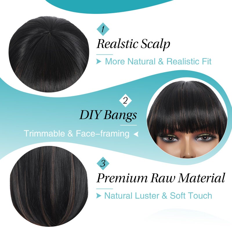 Kalyss Bob Wigs for Women Short Straight Bob Wig with Hair Bangs Natural Looking Heat Resistant Synthetic Hair Wigs for Women 13 Inches (Mix Black Brown) - Image 3